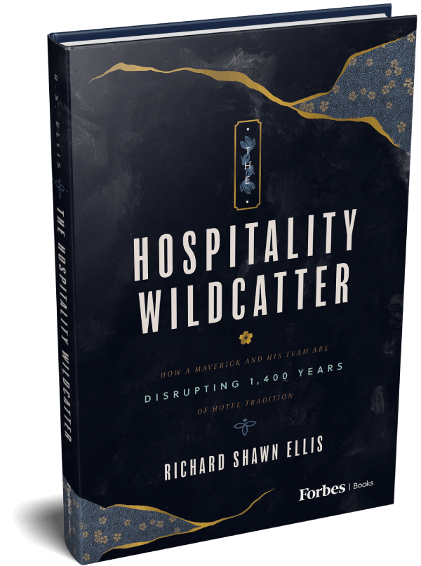 BookCover Book cover for 'Hospitality Wildcatter' by Richard Shawn Ellis, a dark navy design with gold accents and bold white title, Forbes Books.